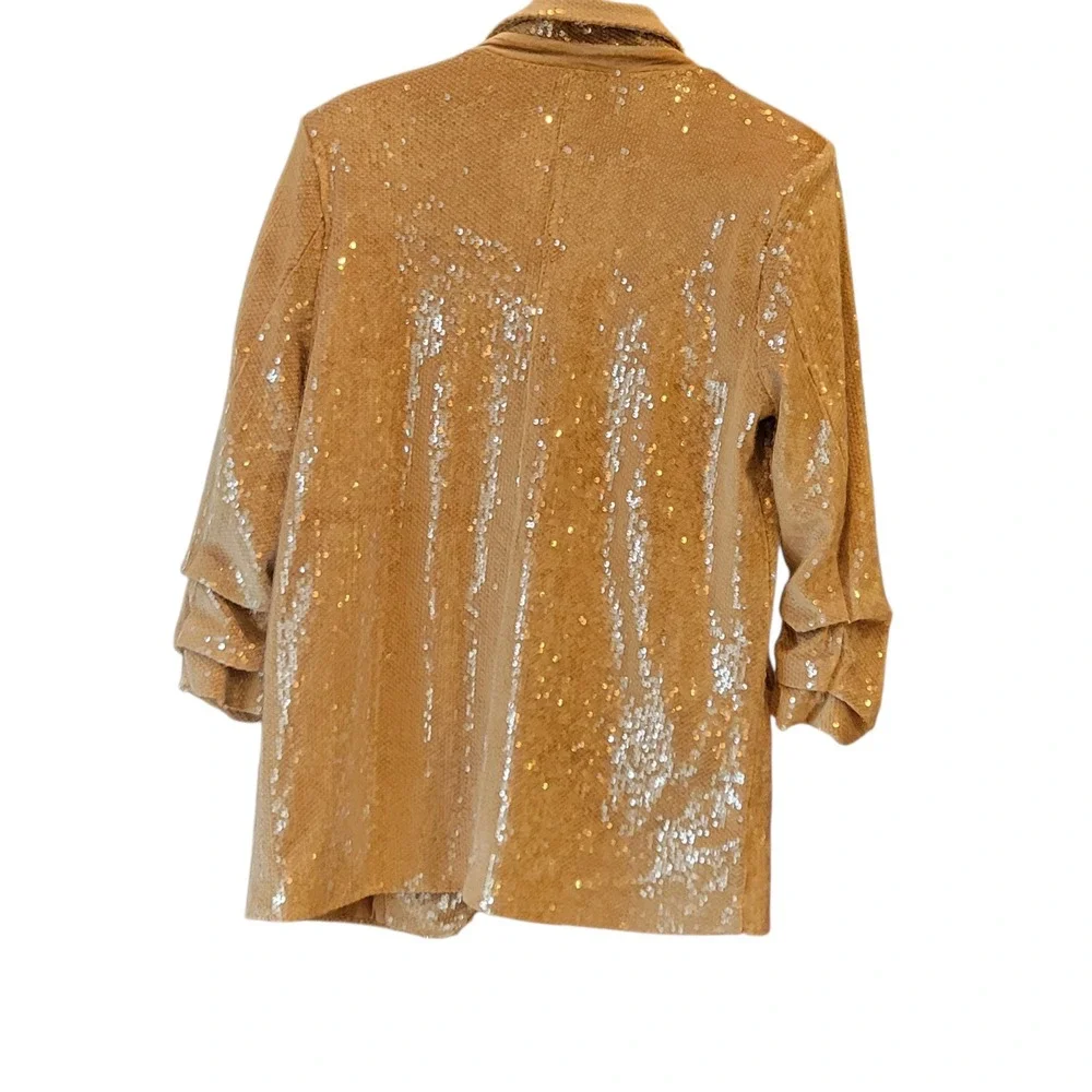 Lulus Sequin Blazer Jacket Womens Small Champagne Gold Ruched Sleeve Party - Picture 4 of 16